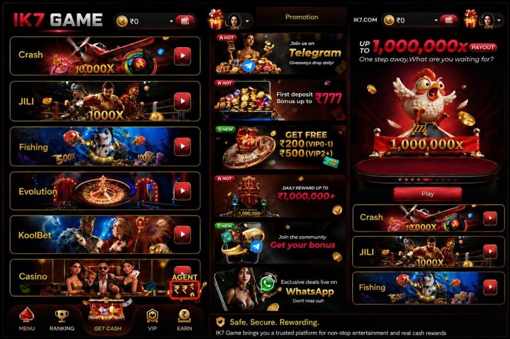IK7 Game mobile application screen featuring gaming dashboard, bonus offers, and user-friendly navigation.