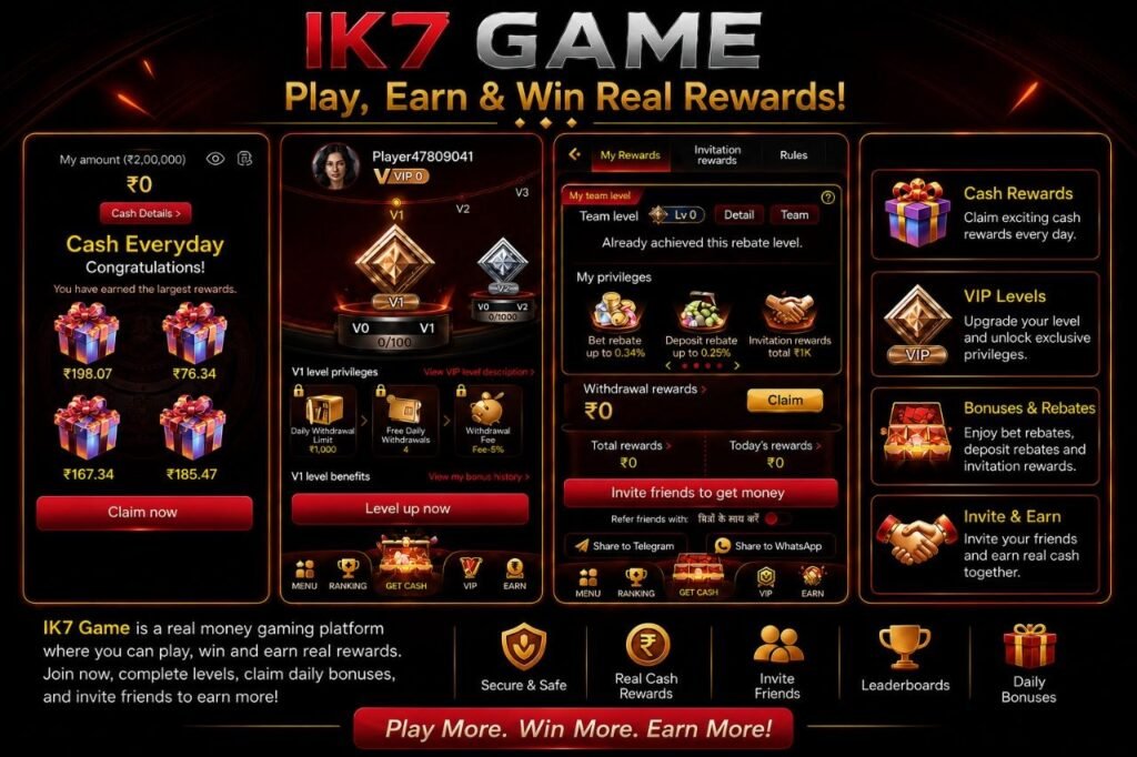IK7 Game app dashboard displaying gaming options, rewards, and mobile gaming features.