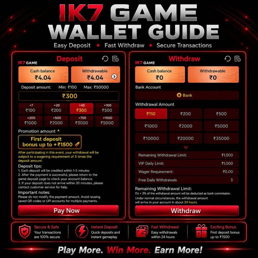 IK7 Game app homepage displaying gaming features, promotional offers, and mobile-friendly interface.